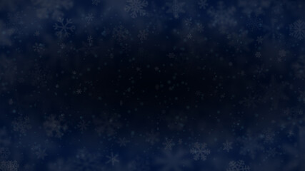 Fototapeta na wymiar Christmas background of snowflakes of different shapes, sizes, blur and transparency in dark blue colors
