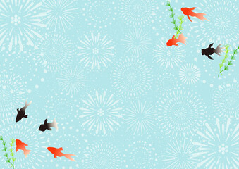 水面を泳ぐ金魚と花火