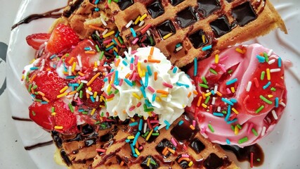 Fototapeta na wymiar waffle and sweet ice cream