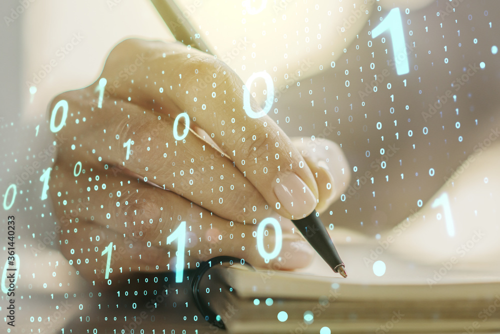 Poster creative abstract binary code hologram and woman hand writing in diary on background, ai and machine