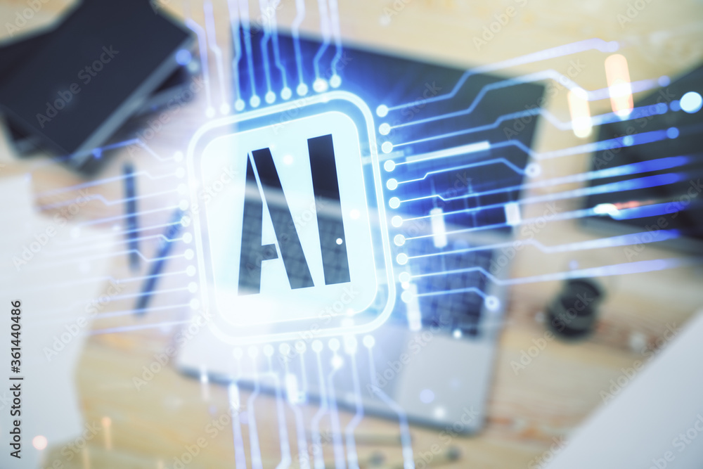 Aufkleber Double exposure of creative artificial Intelligence icon with modern laptop on background. Neural networks and machine learning concept