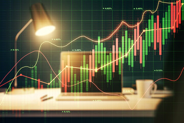 Abstract creative financial graph on modern laptop background, forex and investment concept. Multiexposure