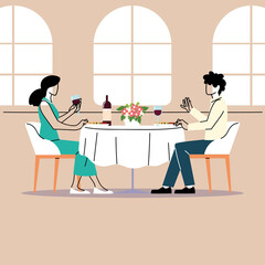 social distancing in restaurant, a man and a woman sitting eating, protection and prevention of coronavirus or covid-19
