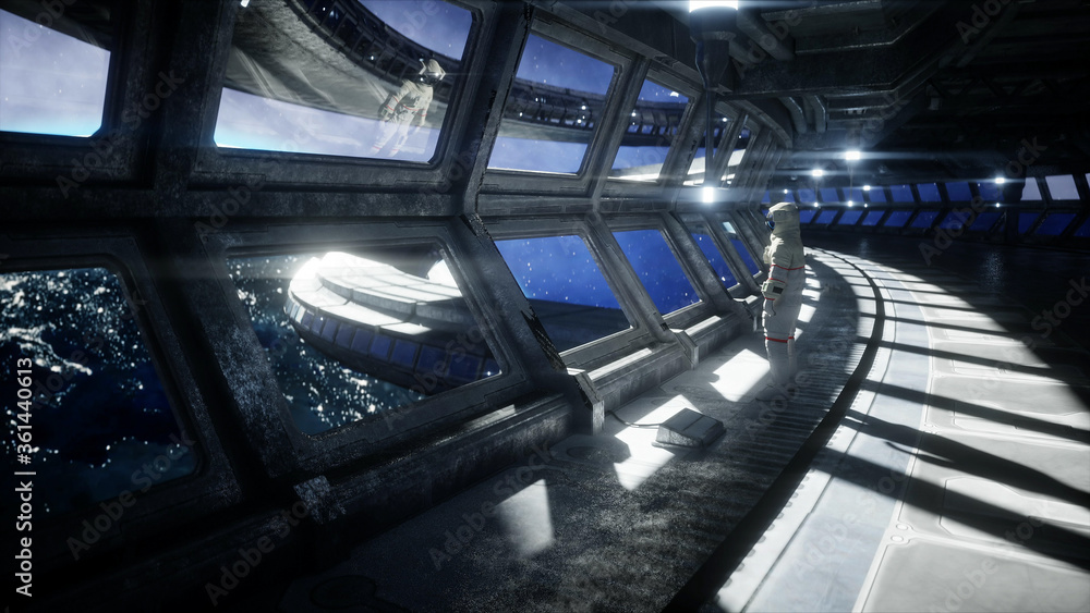 Canvas Prints alone astronaut in futuristic space corridor, room. view of the earth. 3d rendering.