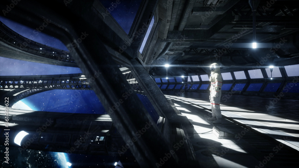 Canvas Prints alone astronaut in futuristic space corridor, room. view of the earth. 3d rendering.