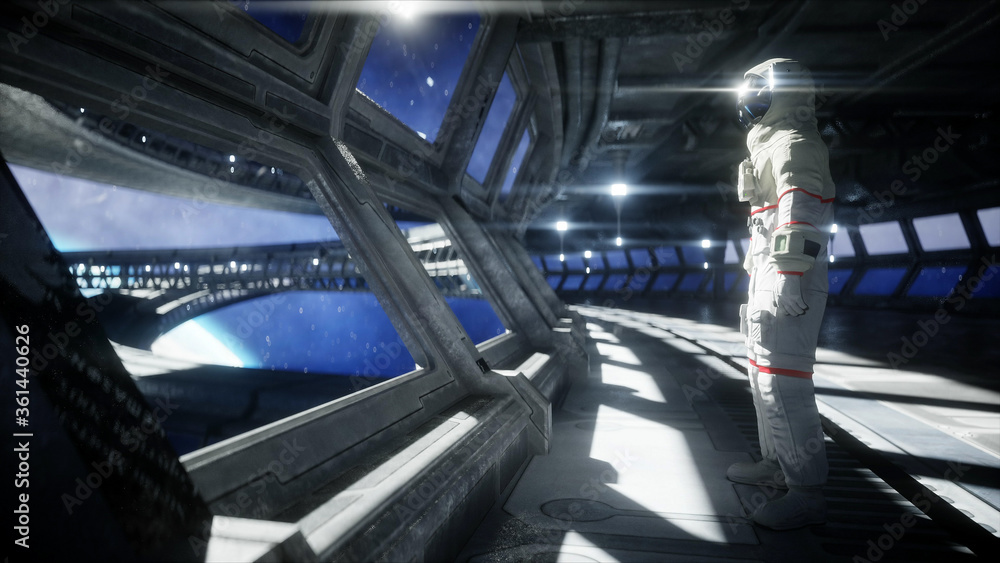 Canvas Prints alone astronaut in futuristic space corridor, room. view of the earth. 3d rendering.