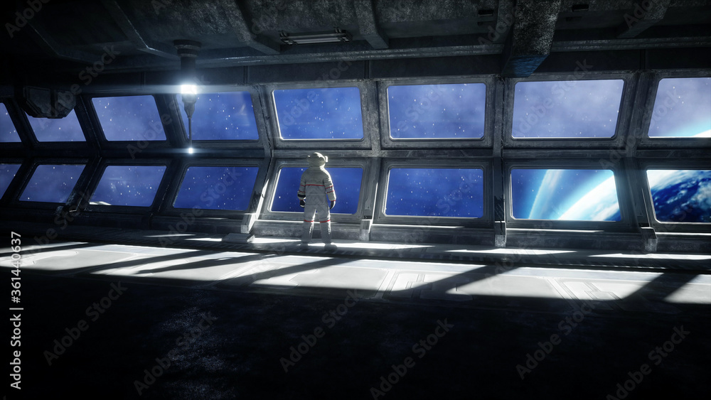 Canvas Prints alone astronaut in futuristic space corridor, room. view of the earth. 3d rendering.