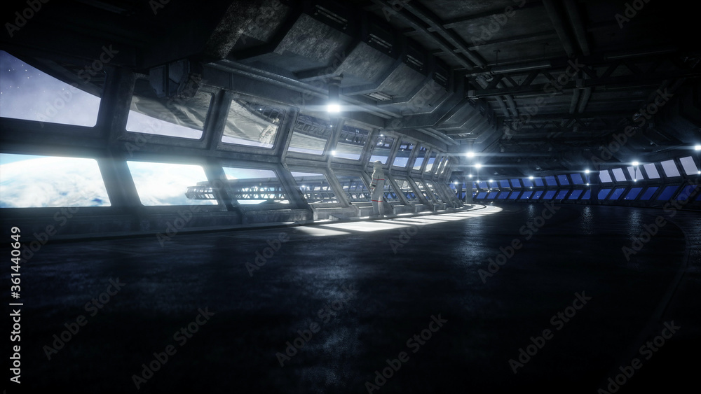 Canvas Prints alone astronaut in futuristic space corridor, room. view of the earth. 3d rendering.