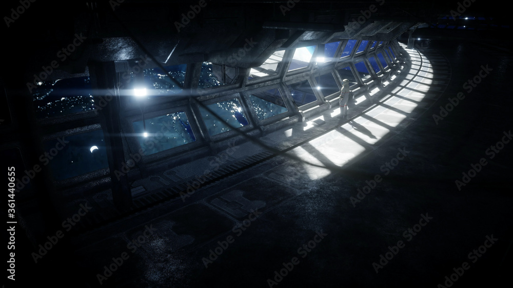 Canvas Prints alone astronaut in futuristic space corridor, room. view of the earth. 3d rendering.