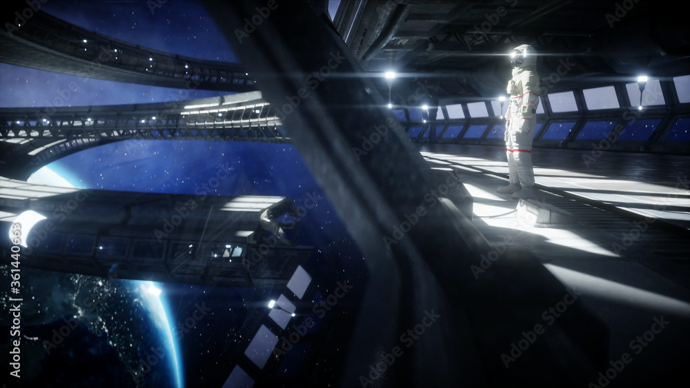 Canvas Prints alone astronaut in futuristic space corridor, room. view of the earth. 3d rendering.