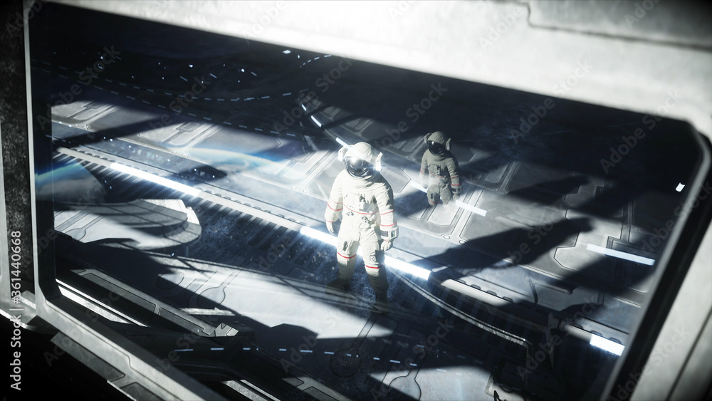Wall mural alone astronaut in futuristic space corridor, room. view of the earth. 3d rendering.