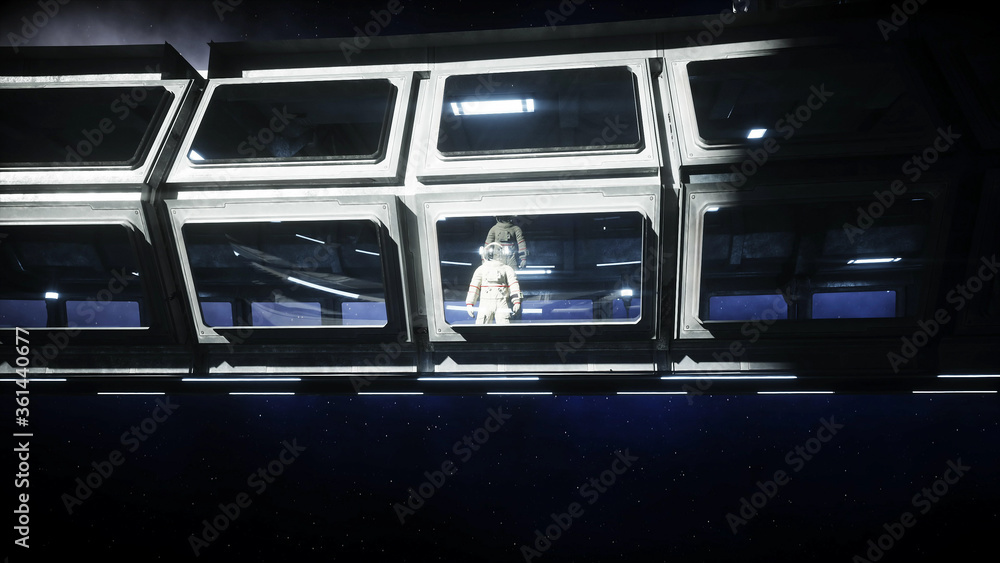 Canvas Prints alone astronaut in futuristic space corridor, room. view of the earth. 3d rendering.