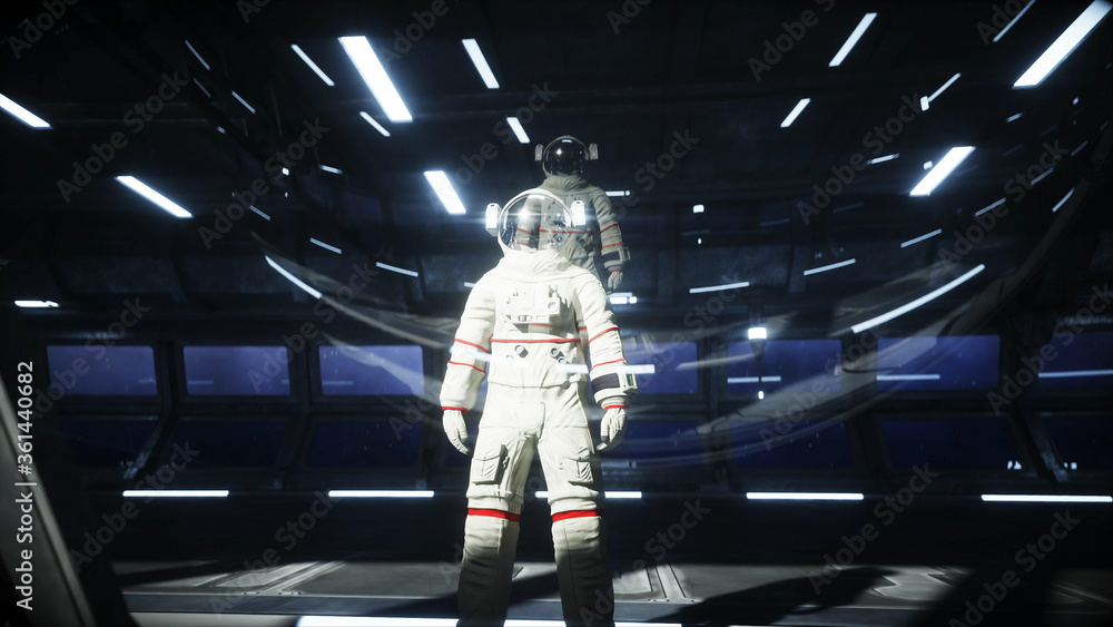 Canvas Prints alone astronaut in futuristic space corridor, room. view of the earth. 3d rendering.