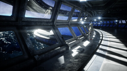 alone astronaut in futuristic space corridor, room. view of the earth. 3d rendering.