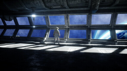 alone astronaut in futuristic space corridor, room. view of the earth. 3d rendering. © 3D motion