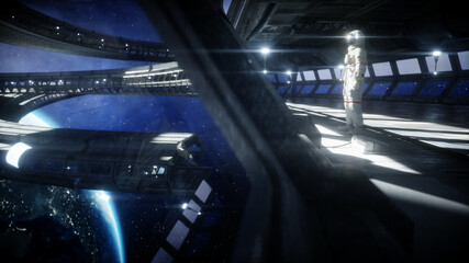 alone astronaut in futuristic space corridor, room. view of the earth. 3d rendering.