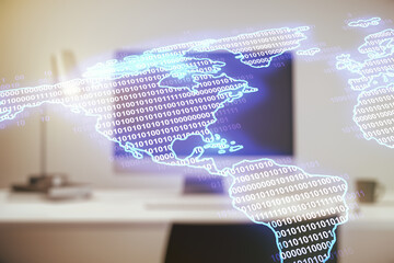 Double exposure of graphic America map on computer background, big data and digital technology concept
