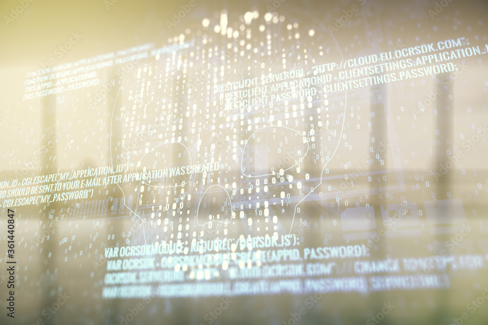 Poster abstract virtual code skull hologram on modern interior background, cybercrime and hacking concept. 