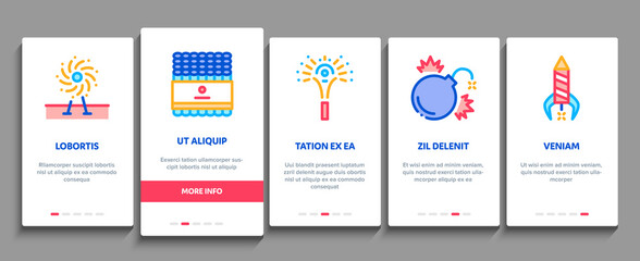 Firework Pyrotechnic Onboarding Mobile App Page Screen Vector Flash rocket And Salute, Christmas Explosive Firework And Festival Lights Color Illustrations