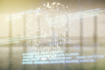 Abstract virtual code skull hologram on modern interior background, cybercrime and hacking concept. Multiexposure