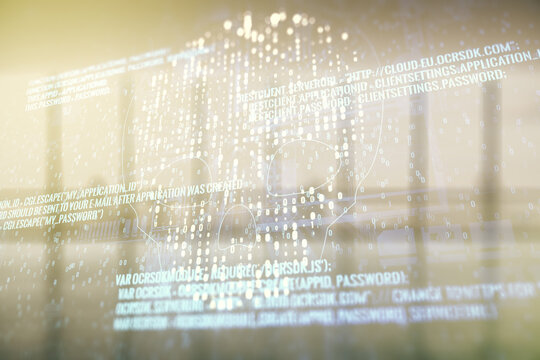 Abstract virtual code skull hologram on modern interior background, cybercrime and hacking concept. Multiexposure