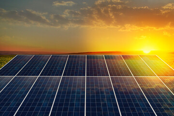 Sunset rays over a photovoltaic power plant