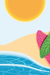 Fototapeta na wymiar Beach with sea sun and leaves detailed style icon vector design
