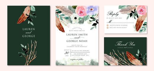 rustic green wedding invitation set with floral and feather watercolor