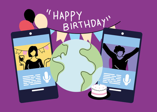 People On Smartphones With World And Cake Vector Design