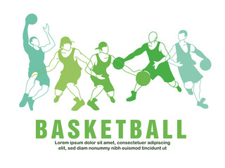 Basketball players men with balls in green silhouettes vector design