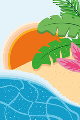 Fototapeta na wymiar Beach with sea sun and leaves detailed style icon vector design
