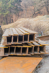 Obraz premium Iron construction beams at construction site.