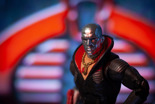 NEW YORK USA - JUNE 30 2020: depiction of arms dealer Destro from the comic and cartoon series GI Joe - Hasbro Classified Series action figure