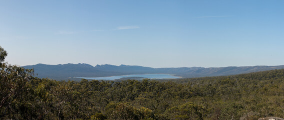 panoramic view of Moora Moora reservoir lake in the Grampians national park with native trees and...