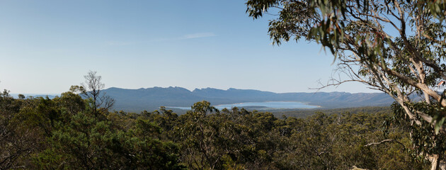 panoramic view of Moora Moora reservoir lake in the Grampians national park with native trees and...