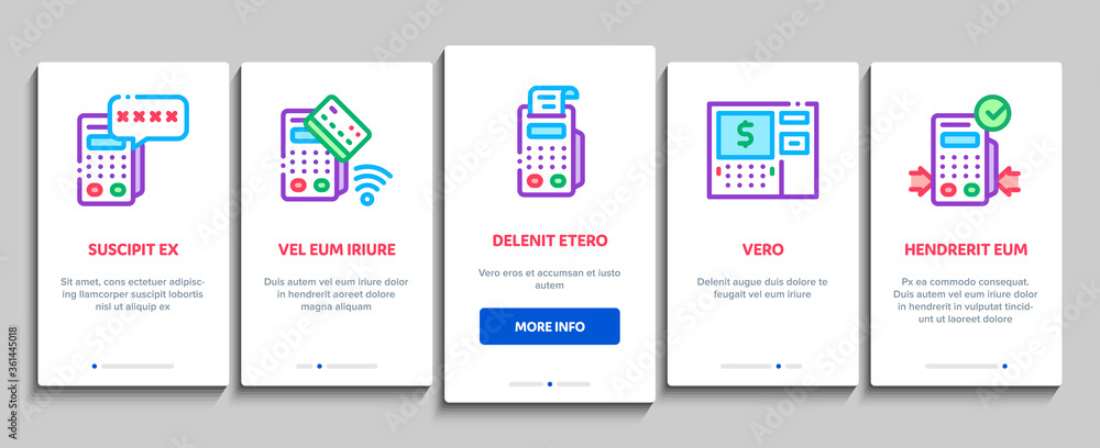 Poster pos terminal device onboarding mobile app page screen vector. bank terminal and atm, smartphone nfc 