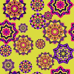Fototapeta na wymiar Colorful seamless pattern with plants and floral elements. Bright psychedelic background.