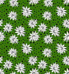 seamless flower pattern, floral print, polka dot background. 