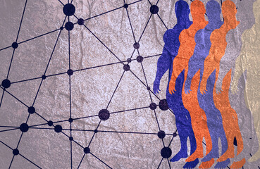 Human communication background. Connected circles with dots. Medical and sociology background. Social network. Bodybuilder silhouette posing.