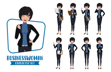 Businesswoman character vector set. Business woman office female employee characters in different standing pose and gestures for career staff cartoon collection. Vector illustration 