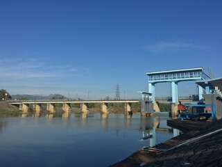 beautiful view A large water dam with bright blue sky