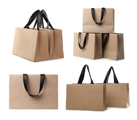 Set with kraft paper shopping bags on white background