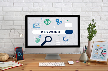 Keywords research concept. Modern computer with search bar on wooden table