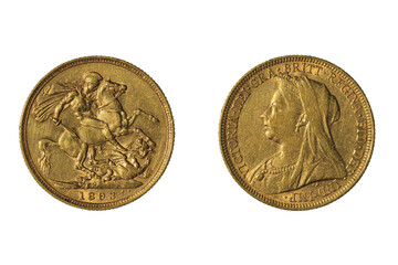 An 1893 gold sovereign coin of Great Britain. Obverse: Queen Victoria. Reverse: St. George and the dragon