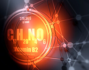 Riboflavin or vitamin b2 chemical formula. Connected lines with dots background. 3D rendering