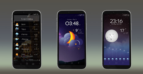 Set of smartphones with open weather forecast app on grey background. Banner design