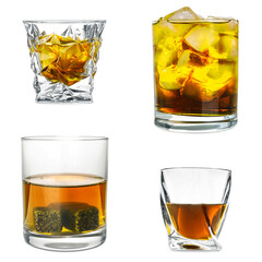Collage with glasses of whiskey on white background