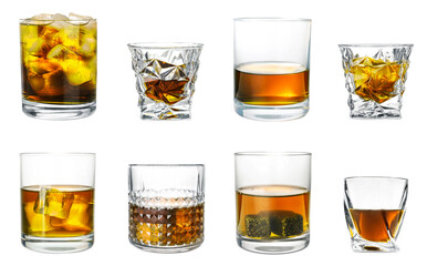 Collage with glasses of whiskey on white background