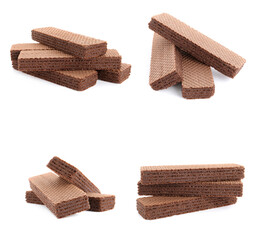 Set of delicious crispy wafers on white background. Sweet food