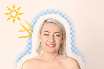 Illustration of sun protection layer and beautiful mature woman with healthy skin on beige...